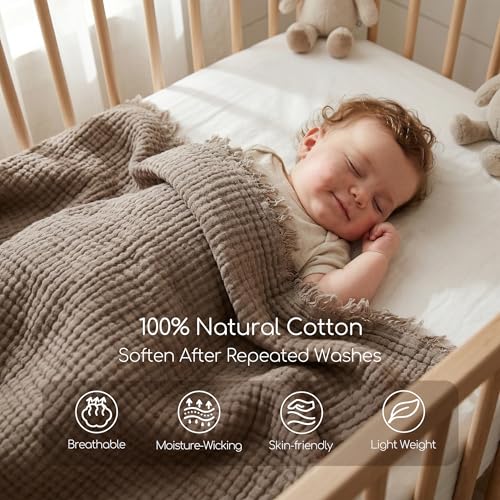 WDCOZY Manta Muselina 100% Algodón Capa 4 Transpirable Ligera Suave para Sofá Boho Estilo Rústico Flecos 50x60 Pulgadas Mocha miniatura 2