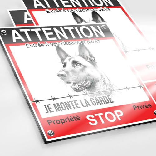 Plaque Malinois 90x90mm Dibond 2mm + Autocollant Vidéo Surveillance - Panneau Attention au Chien...