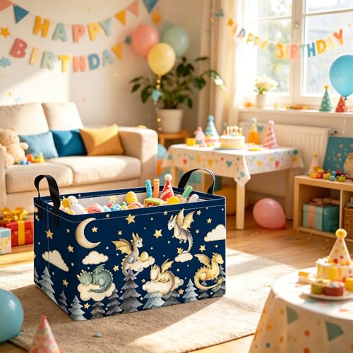 Image of Rectangular Dragon Storage Bin, Medium Fabric Closet Organizer Basket | Moisture repellent textile, reinforced carry grips, collapsible holder tidies cabinet and teenage bedroom belongings