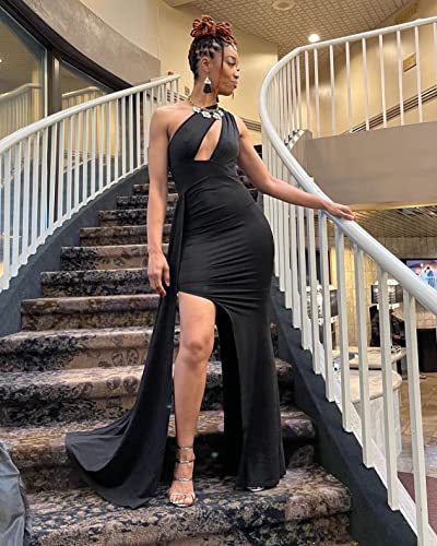 Image of LAGSHIAN Women Sexy Elegant One Shoulder High Split Cutout Long Evening Dress