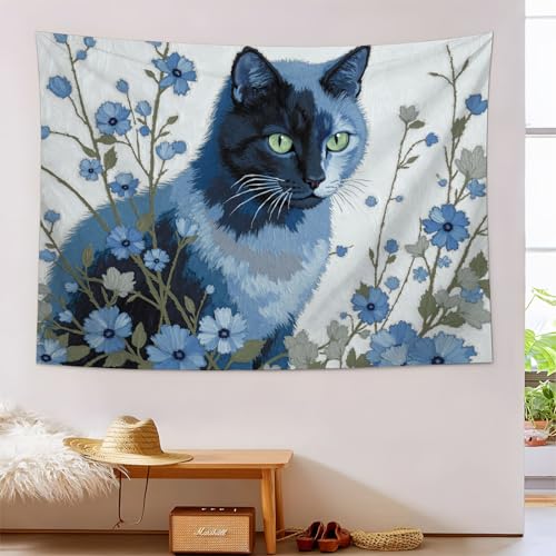 Tapisserie Peinture à l'Huile Réaliste de chats tenture murale chambre esthétique bleu