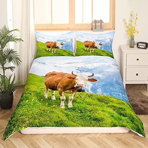 Ropa de cama de vaca, 135 x 200 cm, para niños, niñas, tierras altas, vacas, funda nórdica de granja, animales, praderas, vacas, ropa de cama rústica, juego con 1 funda de almohada, cremallera