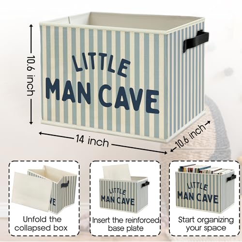 Image of Little Man Cave Boys Storage Bins Box with Handles, Olive Blue Stripe Boho Collapsible Basket Organizer for Kids Boys Playroom Nursery Room Bedroom Bathroom Books Clothes