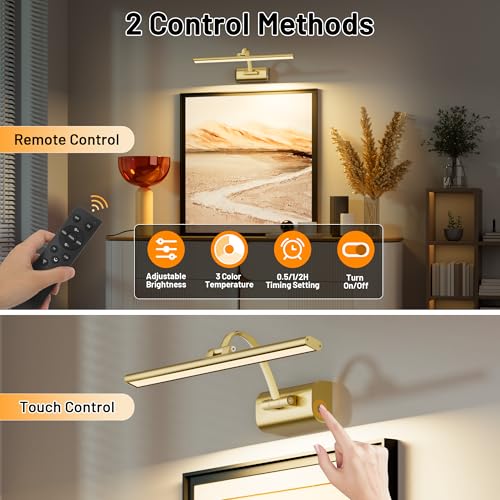 Image of AIFEI 5200mAh Picture Lights for Wall: Up to 48H Artwork Lighting | 6H Fast Charging for Living Room Hallway - Remote Timer Memory - Wireless Installation - 16 Inch - Brass