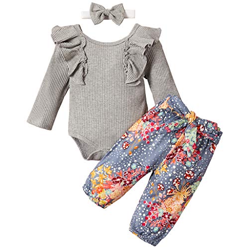 Newborn Baby Girl Ruffle Ribbed Romper Top+Floral Dot Pants+Headband 3PCS Outfit Gray