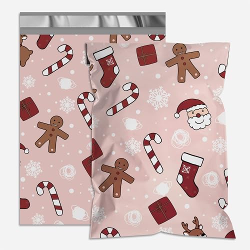 Poly Mailers 12x15.5 Inch 50 Pcs，Christmas printed Shipping Bags,2.4mil Thick shipping bags, Waterproof and Tear-Resistant Self-Sealing Packaging Bags for Small Businesses Pink Gifts Print