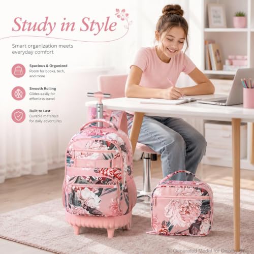 Image of 3Pcs Rolling Backpack for Girls Women, 19 Inche Adults Roller Bag with Wheels, Flower Wheeled Bookbag with Lunch Box(Pink)