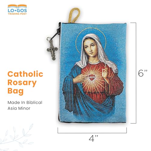 Image of Catholic Rosary Pouch, 4 inch x 6 inch Jewelry & Coin Purse with Cross, Small Woven Tapestry Icon Bag, Bolsa de Rosario Catolico para Joyeria, Virgin Mary Immaculate Heart & Miraculous Medal Symbol, 4 inch x 6 inch