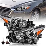 TUSDAR Headlight Assembly Replacement Fits 2017 2018 Mazda 3 Sedan 4-Door OE Style Halogen Projector Factory Headlamp LH+RH Driver & Passenger Side