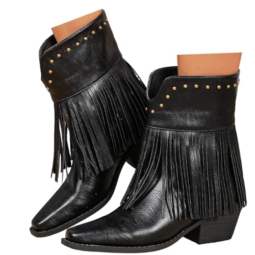 Women Western Cowboy Boots Mid Calf Studded Pointed Toe Western Tassel Cowgirl Boots Women