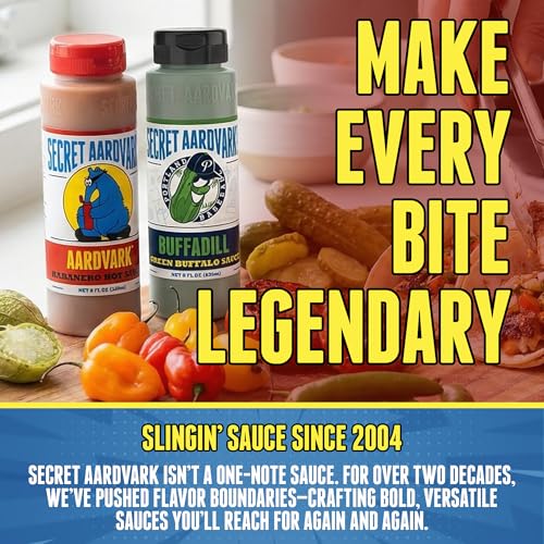 Image of Secret Aardvark Habanero and BuffaDill Hot Sauce 2-Pack Bundle 8 fl oz Each | Spicy BBQ and Dill Pickle Buffalo Combo, No HFCS, Vegan, For Wings, Tacos, Burgers, Gift Set