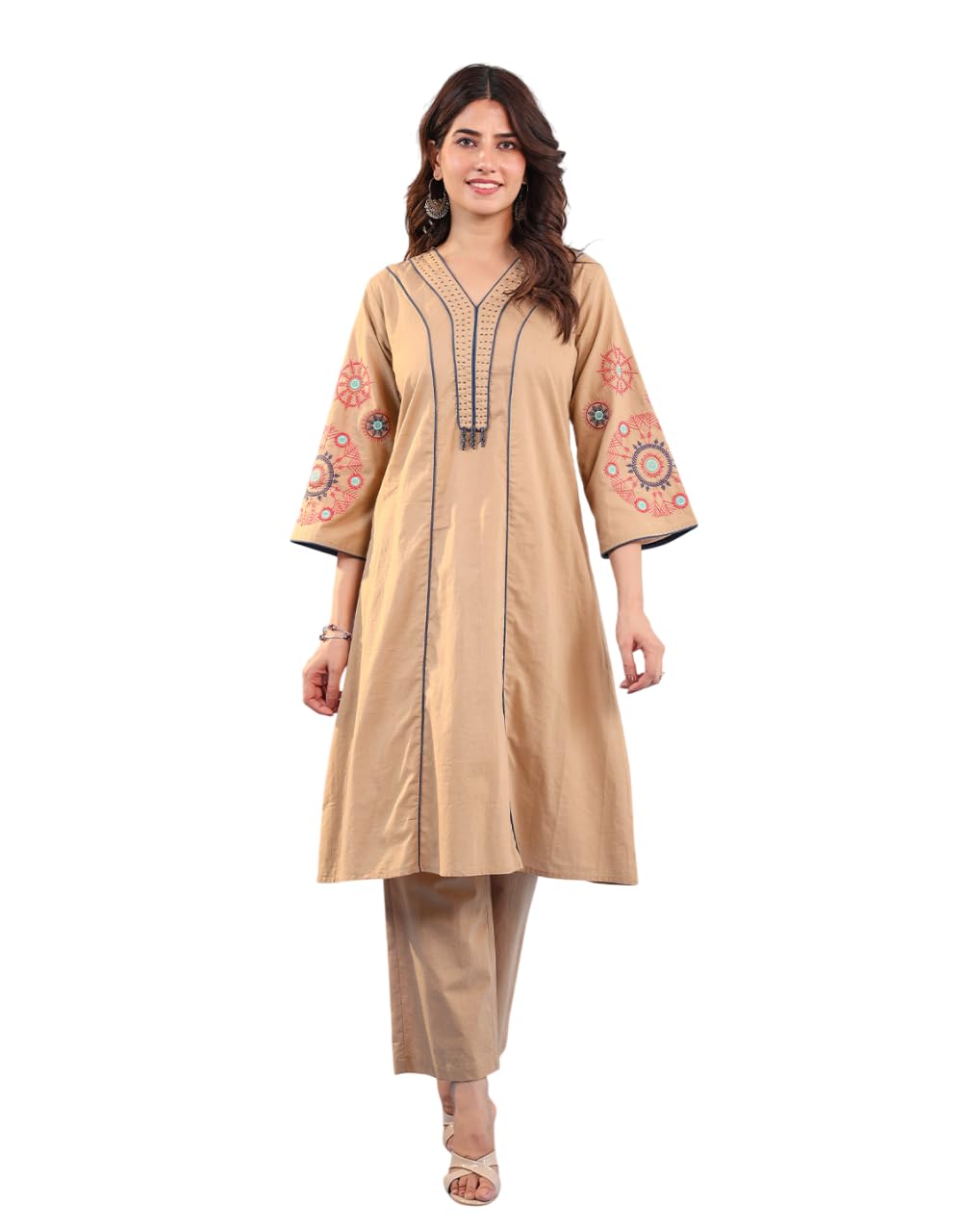 Women Floral Embroidery Sleeve V-Neck Kurta with Pant | Kurta Set | 2 Piece | 3/4th Sleeve | 100% Cotton | Salwar Suit Set | Ethnic & Casual Wear-image-16