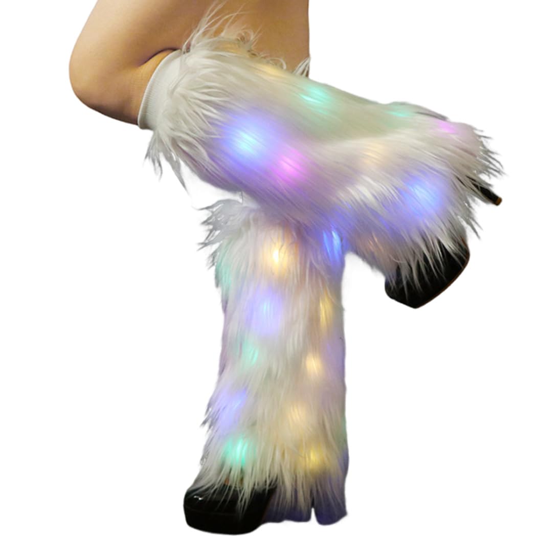 AiosyWhite Fur Leg Warmers Light Up Furry Leg Warmers 70s 80s Dance Hosiery Fluffy LED Long Boots Cover Sexy Carnival Costume Rave Accessories for Women Winter