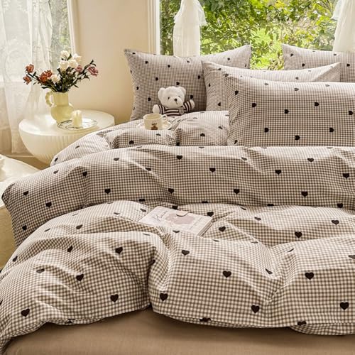 Nyescasa Housse de Couette 220x240 à Carreaux Motif Coeur Marron Chocolat Moderne Parure de lit Adulte 2 Personnes en Microfibre Housses de Couettes avec...