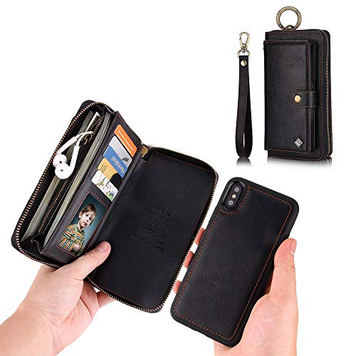 JAZ iPhone XS Wallet Case, iPhone X Wallet Case Zipper Purse Detachable Magnetic