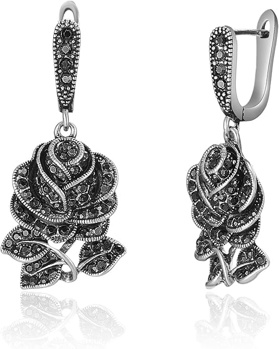 Rhodium Plated Chunky Vintage Black Rose Flower Drop Dangle Earrings for Women
