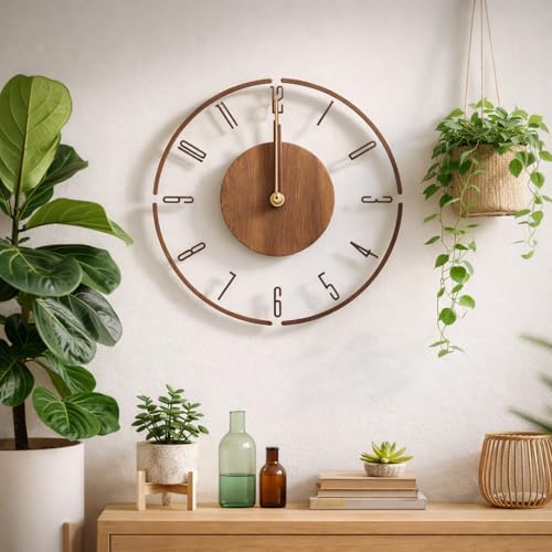 Image of Xtore Elegant Minimalist Wooden Wall Clock for Living Room, Bedroom & Office Decor | Contemporary Open-Frame Design with Natural Wood Center (30 cm Diameter)