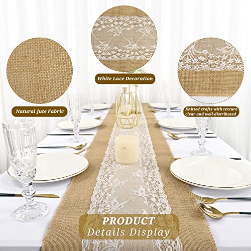 10 Pack Burlap Table Runner 12 X 108 Inch Natural Jute Vintage With Lace Table Runner Rustic Vintage Lace Hessian Table Cover For Wedding Table Decorations Farmhouse Thanksgiving (Middle Lace) #TOP1