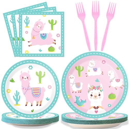 Image of ZOIIWA 96 Pcs Llama Birthday Party Supplies for 24 Guests Alpaca Llama Birthday Plates Napkins Tableware Party Decorations Mexican Cactus Dinnerware Favor for Kids Girls Baby Showers