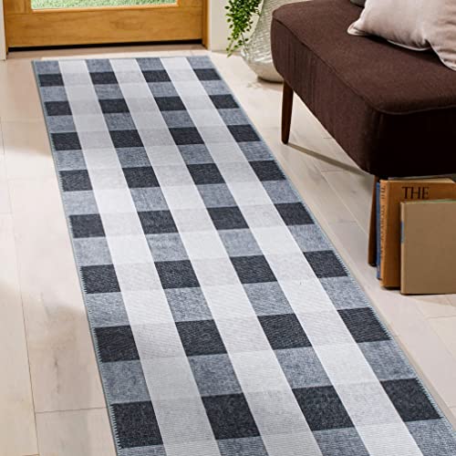 Rugshop Contemporary Checkered Stain Resistant Flat Weave Eco Friendly Premium Recycled Machine Washable Runner Rug 2'6"X10' Gray #TOP7