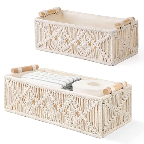 Angju Macrame Storage Baskets Boho Decor Box Handmade Woven Decorative Countertop Toilet Tank Shelf Cabinet Organizer for Bedroom Nursery Livingroom Home Set of 2