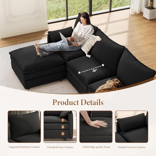 Image of Vesgantti Large Modular Sectional Sofa, Big Comfy Cloud Couch with Ottoman Deep Seat Chenille Cloud Sofa, 9 Seater Large Sectional Couches for Living Room, Bedroom and Apartment, Black