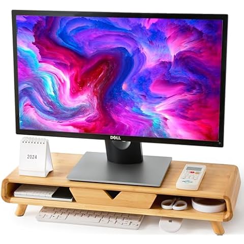 Homerays Bamboo Monitor Stand Riser, No Assembly Required Exquisite Monitor Stand with Drawer Ergonomic Height Wood Monitor Stand Cover
