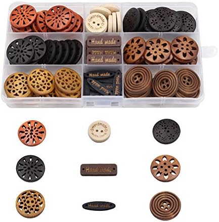 100 Pack Assorted Wood Wooden Buttons Black Brown Beige 4 Hole Mixed Sewing Art DIY Craft Supplies Kits with Box