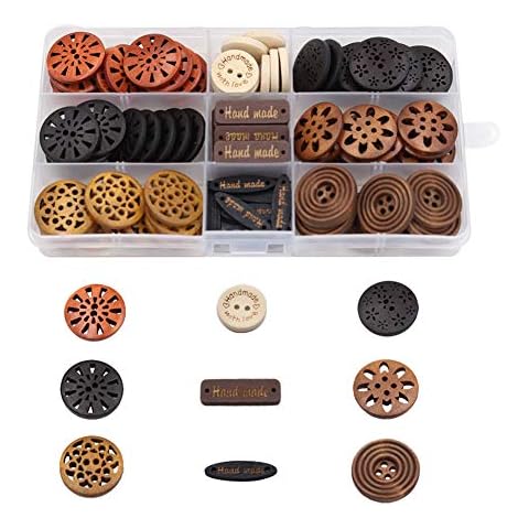 100 Pack Assorted Wood Wooden Buttons Black Brown Beige 4 Hole Mixed Sewing Art DIY Craft Supplies Kits with Box Cover