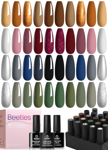 Beetles Fall Gel Nail Polish Set, 23 Pcs Gel Polish Kit with Base Top Coat | Burgundy Brown Gold Olive Green Nude Pink Black White Glitter Top Coat Soak off UV Gel Nail Polish for Women