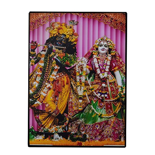 Image of Templeshop Mayapur Iskcon Radha Madhav Lamination Plywood Photo Frame with Back stand And Glossy Look Around (Various Sizes & Colors) (Orange Green Red Dress, 28L x 20W cm, Radha Madhav Photo Frame 11x8 Inches)