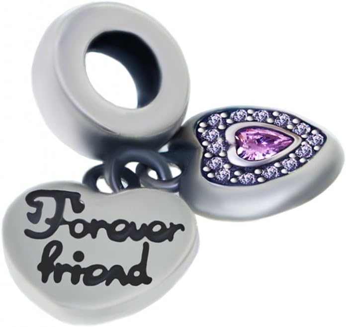 Kigmay Jewelry Womens 925 Sterling Silver CZ Antique Inspired Forever Friend Pink Heart Charm Bead for Snake Chain Bracelet or Pendant Necklace, Perfect Valentines-Day Accessory