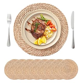 Round Woven Placemats Set of 8, 13.5 inch Boho Rattan Chargers for Dinner Plates, Rustic Wicker Place Mats, Hand-Woven from Natural Hyacinth, for Dining Table, Farmhouse, and Thanksgiving
