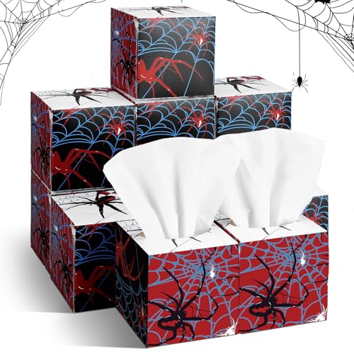 Image of Fourluoo 12 Pack Spider Facial Tissues Cube Boxes 600 Sheets 3 Ply | Small Spider web Square Face Tissues Bulk for Spider Birthday Party Decorations Car Bedroom Office Disposable Supplies