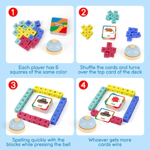 Image of Edulok Word Race Cube - Preschool Wooden Alphabet Letter Blocks & Phonics Matching Games - CVC Word Learning Toys