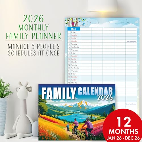 Family Calendar 2026, monthly planner with 5 columns. Useful as a family planner calendar 2026. Printed by CO2 neutral printer with vegetable ink, fully recyclable