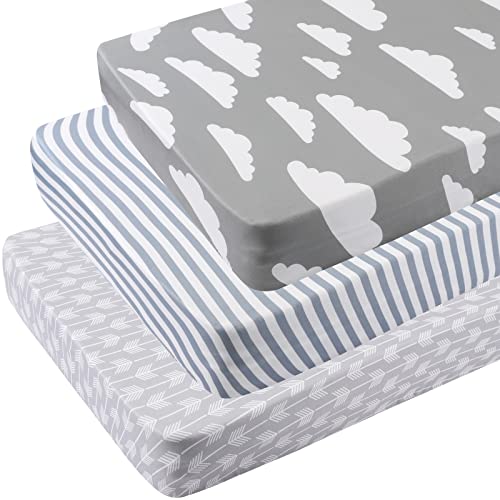 Pack n Play Sheets 3 Pack for Baby Unisex, Stretchy Jersey Knitted Portable Mini Crib Sheets Playard Mattress Cover for Baby Boys and Girls, Clouds Stripes and Arrow Printing