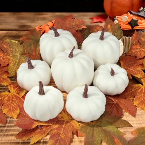Image of Ghrdopy Fake Pumpkins, 7 Pcs White Artificial Pumpkins, Plastic Pumpkins for Thanksgiving Party Table Centerpiece Autumn Home Decoration-A