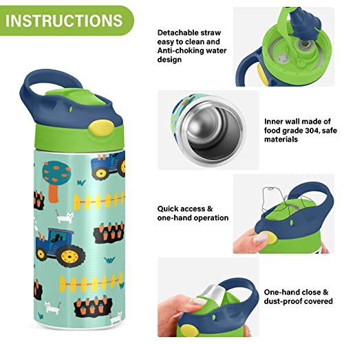 Mchiver Tractors Carrots Fence Cats Kids Water Bottle With Straw Insulated Stainless Steel Kids Water Bottle Thermos For School Boys Girls Reusable Tumbler 12 Oz / 350 Ml Green Top #TOP4