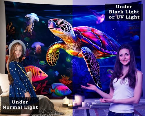 Qghot Turtle Tapestry, Blacklight Ocean Tapestry Wall Hanging Undersea Black Light Poster For Kids Glow In The Dark Kids Tapestry For Bedroom Children Toddler Room Decor 37X29In thumb #3