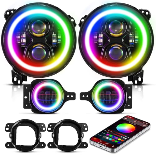 Auxbeam RGB LED 9 Inch Headlights+4 Inch Fog Lights Bluetooth APP Control DOT-Approved Headlights Fog Lights w/DRL Turn Signal Compatible with Jeep Wrangler JL JLU 2018-2024 1-Year Warranty
