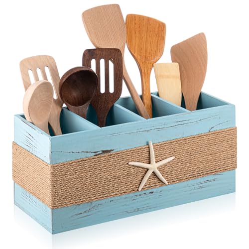 AceOrbit Coastal Utensil Holder with Starfish, Coastal Kitchen Decor, Large 4-compartment Wooden Utensil Organizer, Detachable DIY Size, Nautical Beach House, Gift for Ocean Lovers(15.75 Inch)