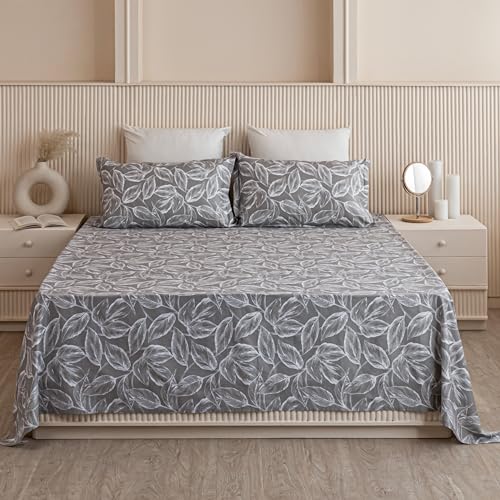 Image of HOMEMONDE Cotton Bedsheet for Double Bed Soft Luxury Leaf Printed 210 TC Flat Sheet with 2 Pillow Covers, Perfect for Home Decor & Gifting - (84 x 90 Inch, Grey)
