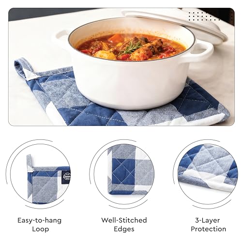 Image of Encasa XO Heat Resistant 100% Cotton Oven Glove & Potholder Set with Loop, Kitchen Cooking Mittens, Microwave Safe Hot Pads (Buffalo Blue Checks)