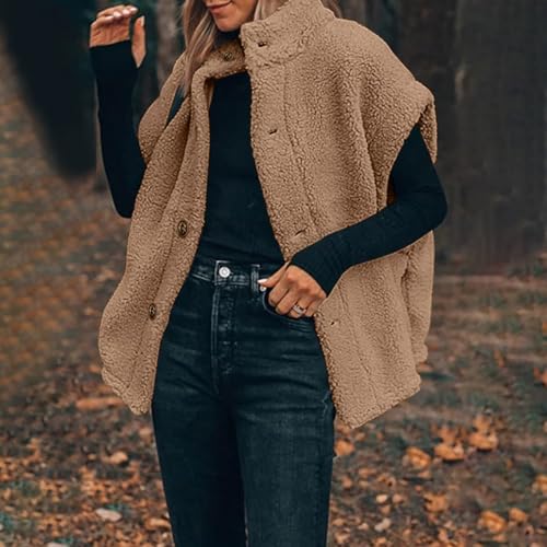 Womens Fleece Vest Casual Oversized Button Down Sherpa Vest Stand Collar Sleeveless Fuzzy Jackets with Pockets Winter Warm Loose Waistcoat Cozy Fluffy Gilet Fall Winter Outerwear Women Fur Vest4