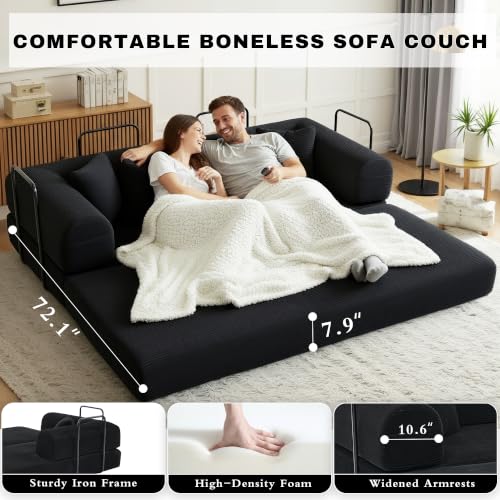 Image of 80 Inch Multi-Functional Convertible Sofa Bed, Fixed Shape Frame, High Density Foam with Corduroy, Easy Assembly, for Living Room and Bedroom. (Black)