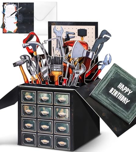 JMHACHY Pop up Birthday Card with Envelope - Funny Happy Birthday 3D Greeting Pop up Card with Blank Note, Unique Gifts for Men Dad Husband Grandpa Father Daddy Him, Metal Toolbox
