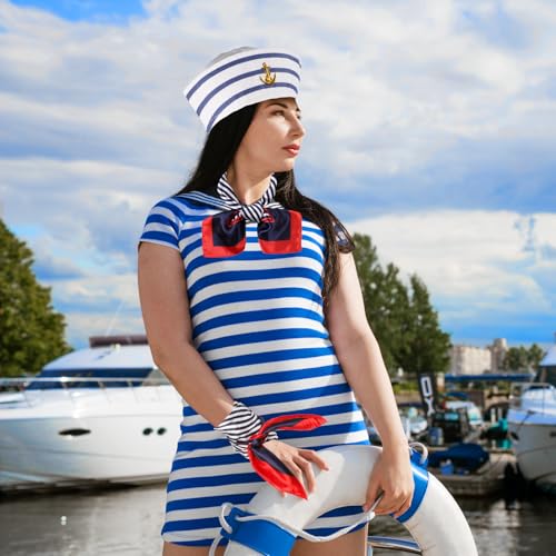 Moiuguli 2 Nautische Quadratische Halstücher, Rot Weiß Blau Matrosenschals, Matrosen Kostüm Damen Halstuch Stirnbänder Haarschal für Navy Dress Up Party Zubehör