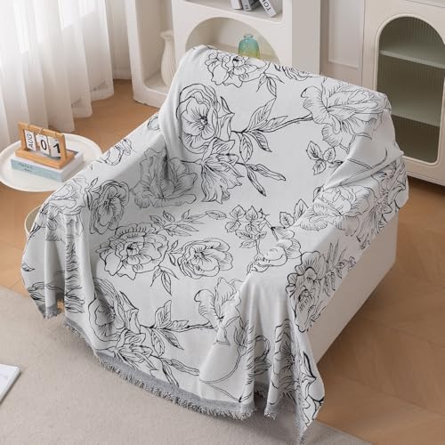 Image of HOKIPO Printed 320 GSM Chenille Sofa Cover Throw Blanket for 1 Seater Sofa - All Season, 'Serene Abode Series' White Rose Garden (180x180 cm) (AR-6631-D1)
