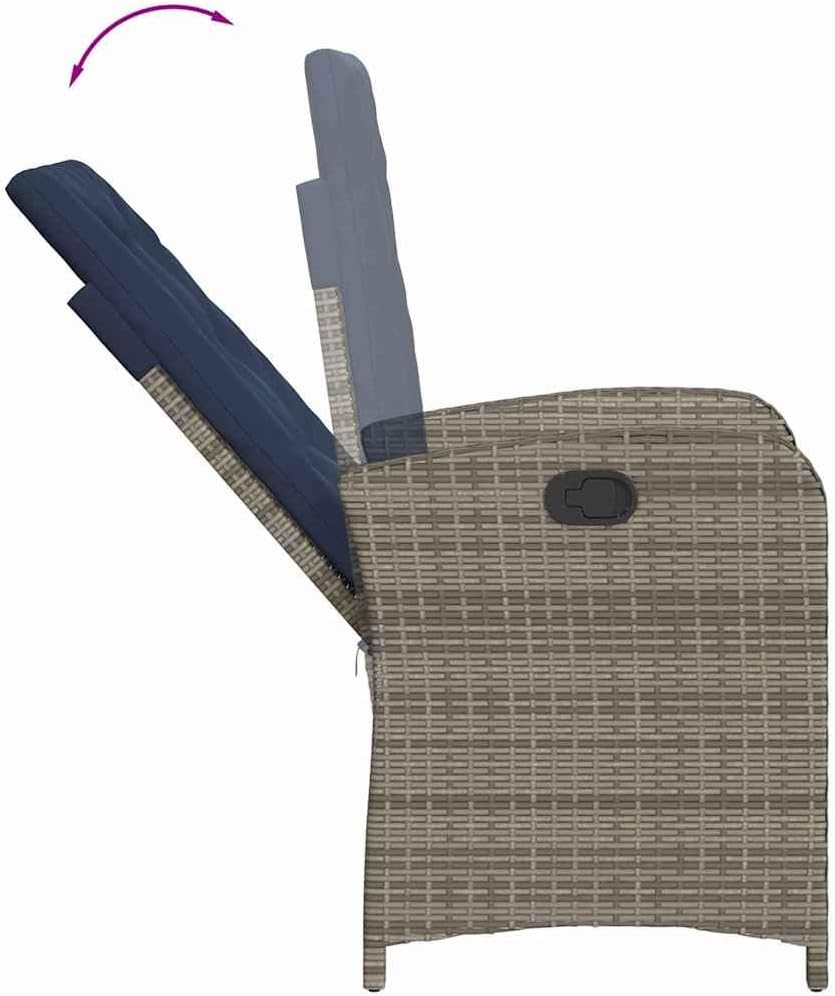 vidaXL Reclining Patio Chairs with Cushions - Adjustable Outdoor Lounge Seats in Gray Poly Rattan, Navy Blue Padding, Robust Frame